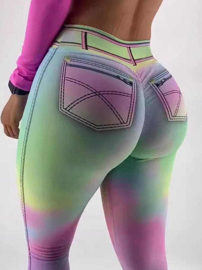 Hot Tie Dye Faux Denim Scrunch Bum Contrast Color Leggings