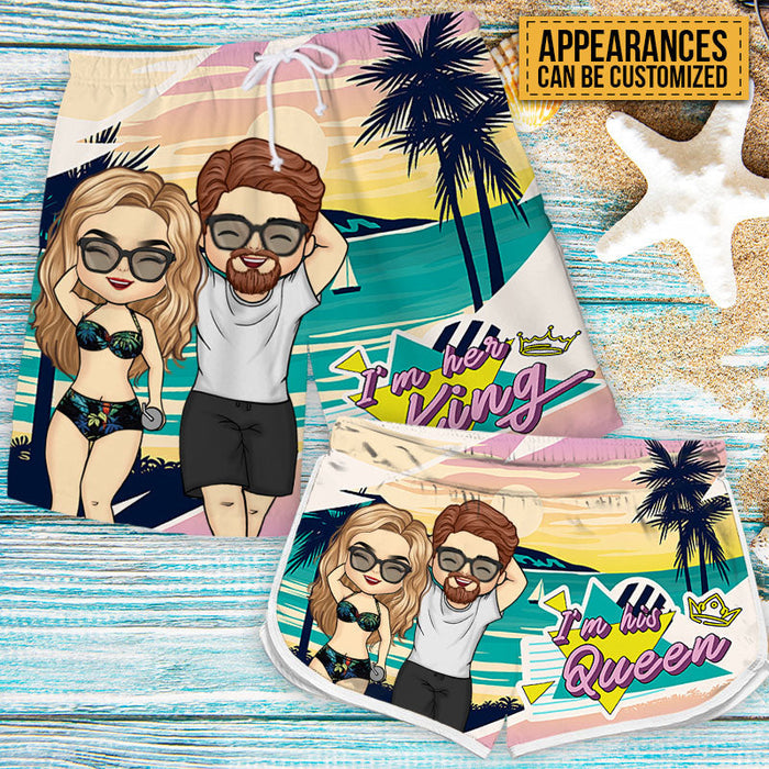 I Am Her King - Personalized Couple Beach Shorts - Matching Swimsuits For Couples - Gift For Couples, Husband Wife