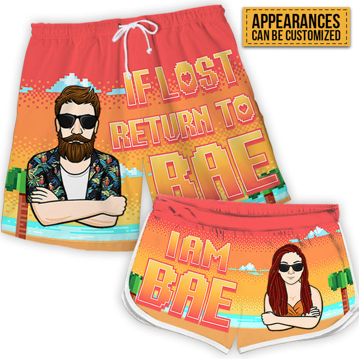 If Lost, Return To Bae - Personalized Couple Beach Shorts - Matching Swimsuits For Couples - Gift For Couples, Husband Wife