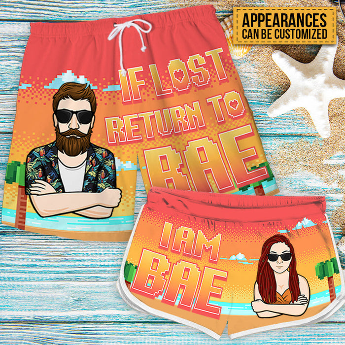 If Lost, Return To Bae - Personalized Couple Beach Shorts - Matching Swimsuits For Couples - Gift For Couples, Husband Wife