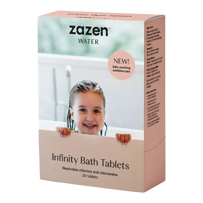 Zazen Water Infinity Bath Tablets packaging box, featuring a smiling child in a bathtub on the front, with a peach and white design and product details printed on the side.