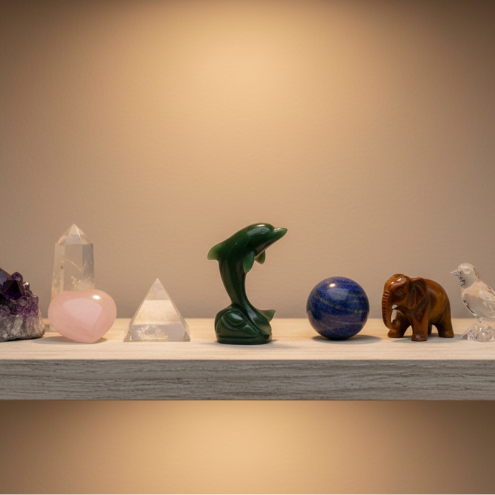 Green dolphin figurine held in a hand against a gray background