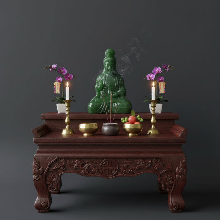 Decorative table with a green statue, candles, and other items on a dark background