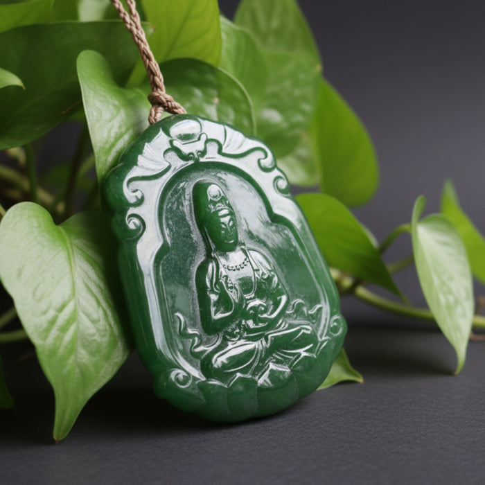 Green jade pendant with kwan yin figure on a wooden surface with leaves in the background