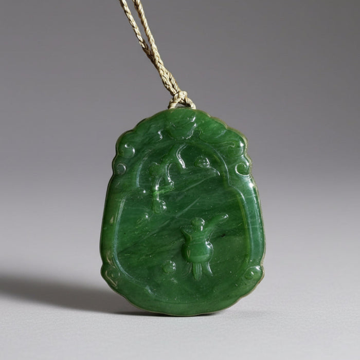 Green jade pendant on a gray background