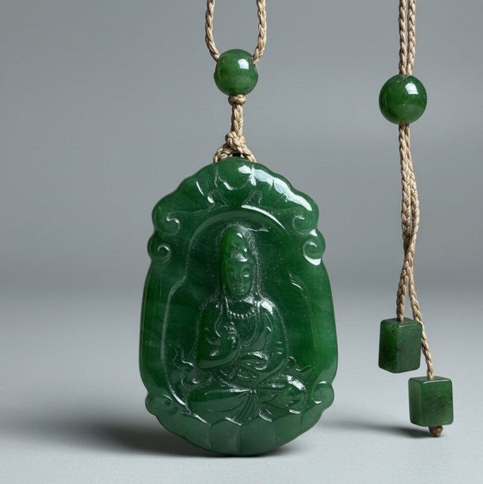 Green jade pendant with intricate design on a gray background