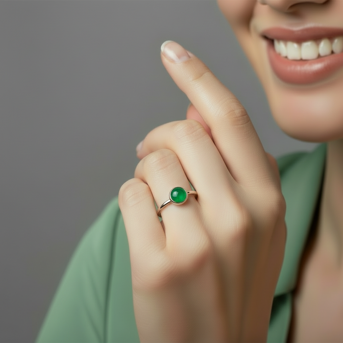 Silver ring with a green gemstone on a white background
