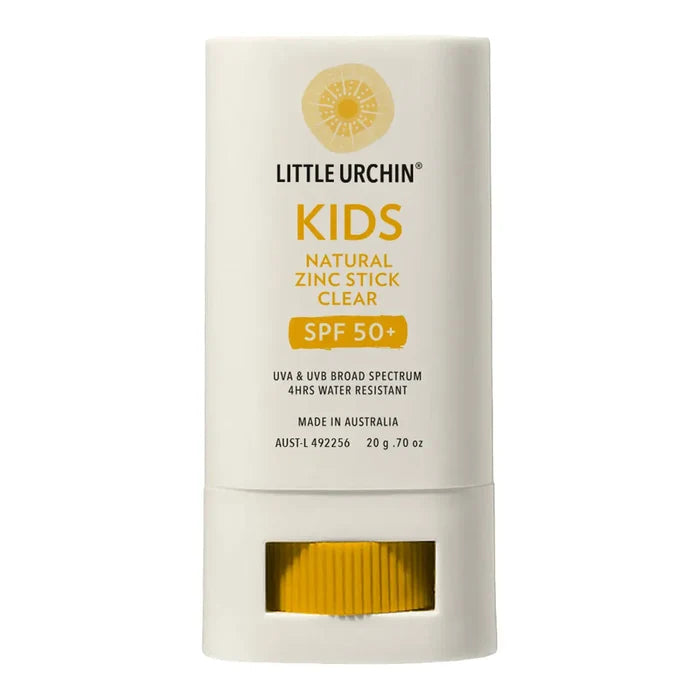 A white stick container of Little Urchin Kids Natural Zinc Stick Clear SPF 50+ sunscreen, featuring a gold logo and text.