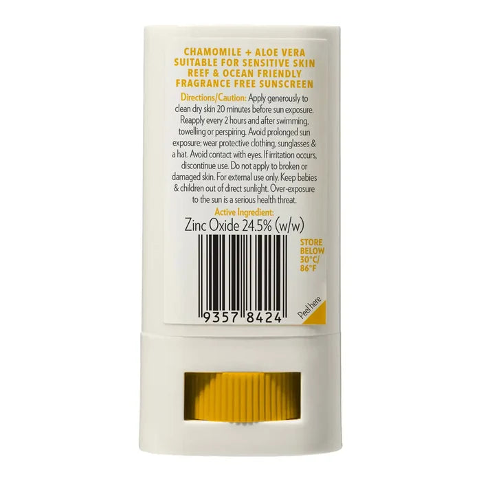 The back of a white sunscreen stick container, showing product details, directions, a barcode, and text indicating chamomile and aloe vera fragrance-free sunscreen with zinc oxide 24.5% (w/w).