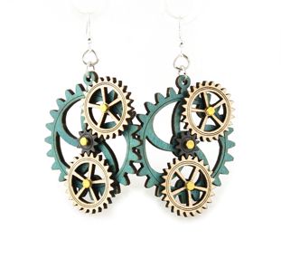 Kinetic steampunk gear earrings with turning gears, laser-cut and made in USA