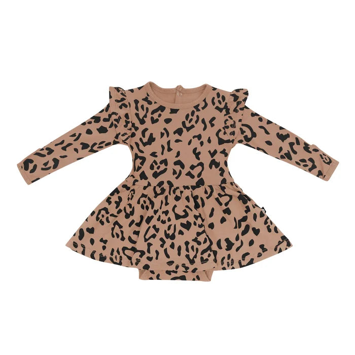 Kyte Baby Long Sleeve Twirl Bodysuit Dress - Latte Leopard
