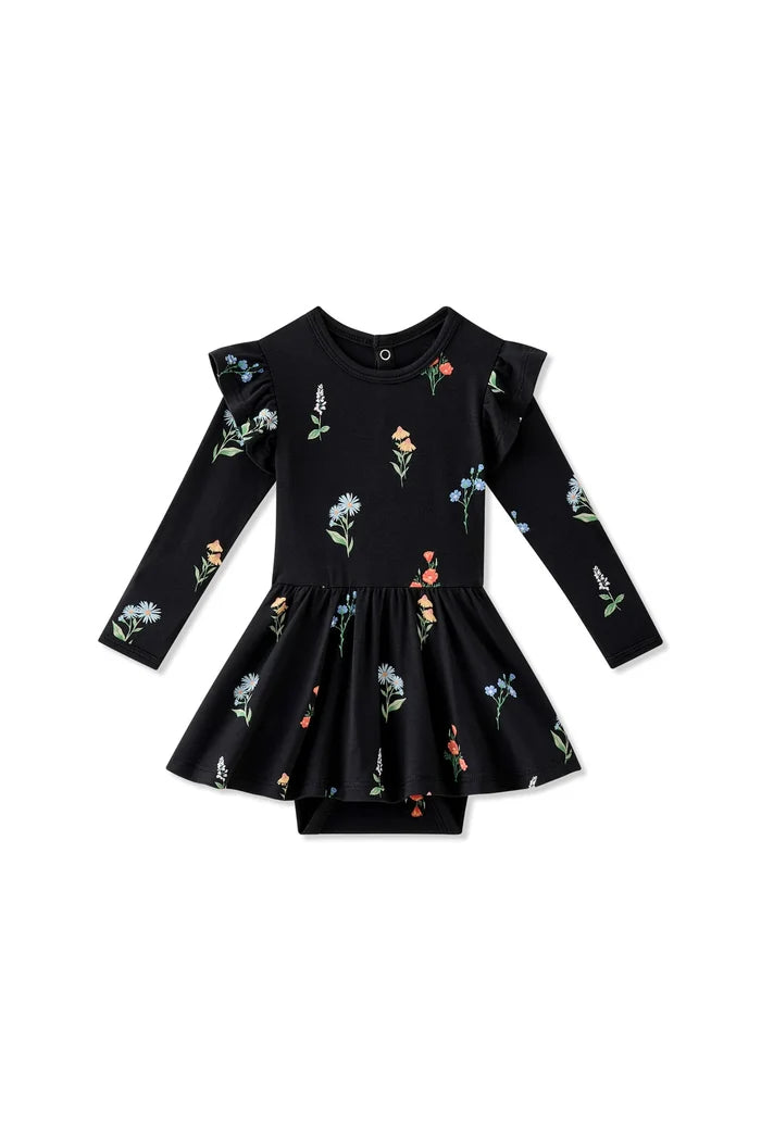 Kyte Baby Long Sleeve Twirl Bodysuit Dress - Midnight Wildflower
