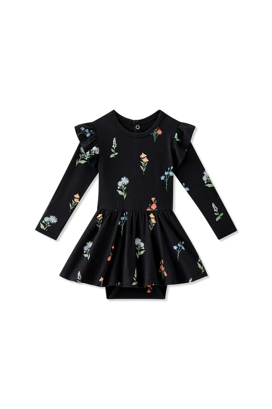 Kyte Baby Long Sleeve Twirl Bodysuit Dress - Midnight Wildflower