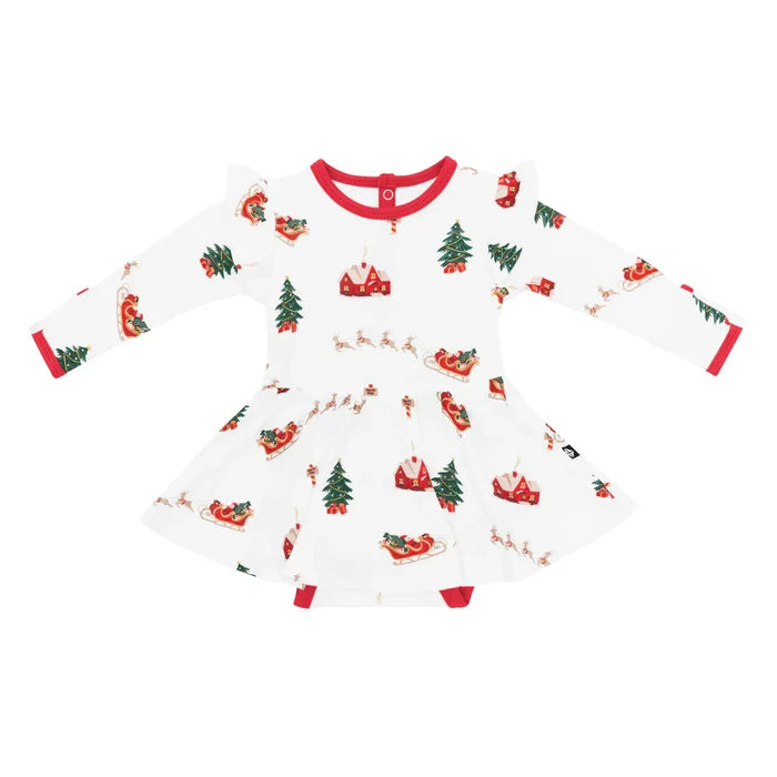 Kyte Baby Long Sleeve Twirl Bodysuit Dress - Santa Sleigh