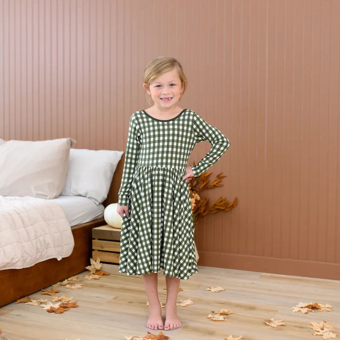 Kyte Baby Long Sleeve Twirl Dress - Gingham Fir