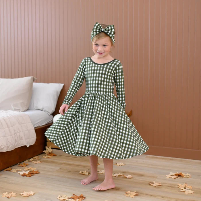 Kyte Baby Long Sleeve Twirl Dress - Gingham Fir