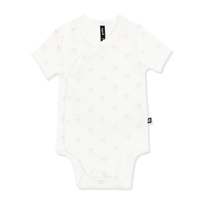 Kyte Baby Pointelle Kimono Bodysuit with Picot Trim - Sweet Pink Bow