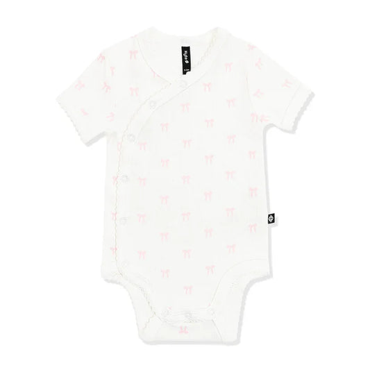 Kyte Baby Pointelle Kimono Bodysuit with Picot Trim - Sweet Pink Bow