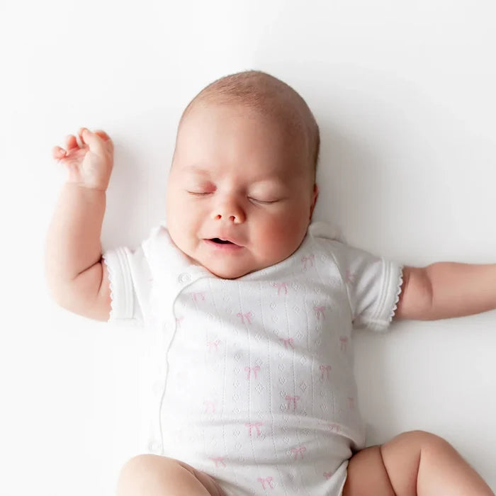 Kyte Baby Pointelle Kimono Bodysuit with Picot Trim - Sweet Pink Bow