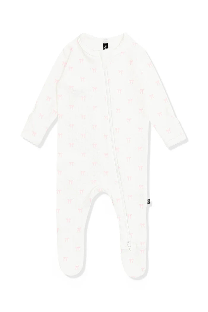Kyte Baby Pointelle Zippered Footie with Picot Trim - Sweet Pink Bow