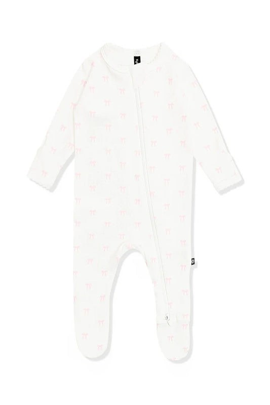 Kyte Baby Pointelle Zippered Footie with Picot Trim - Sweet Pink Bow