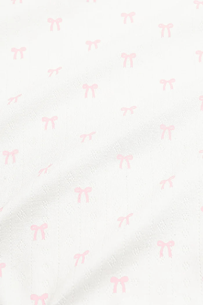 Kyte Baby Pointelle Zippered Footie with Picot Trim - Sweet Pink Bow