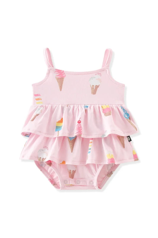 Kyte Baby Spaghetti Strap Ruffle Romper - Sakura Ice Cream