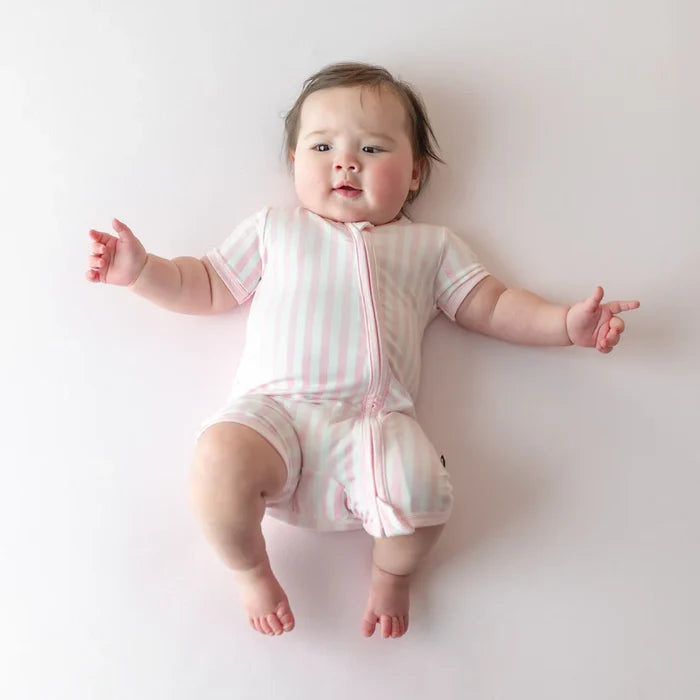 Kyte Baby Zippered Shortall Romper - Small Sakura Stripe