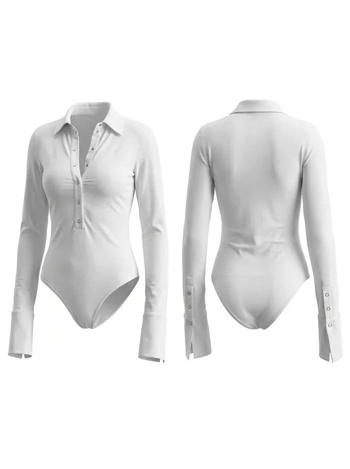 Lapel Button Long Sleeves Bodysuit