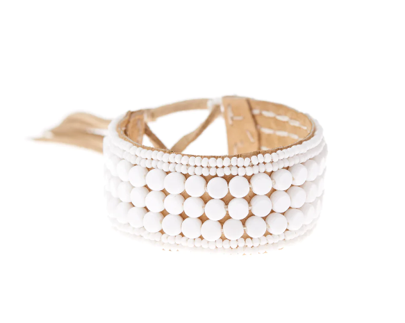 Leather Beaded Multi Stripe Cuff (White)