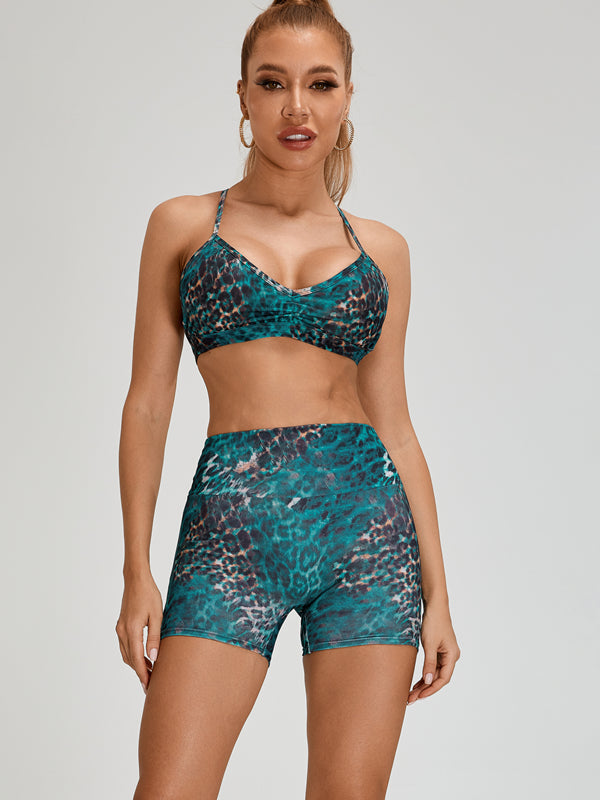Leopard Print Scrunch Bum Cross Back Short Tracksuit