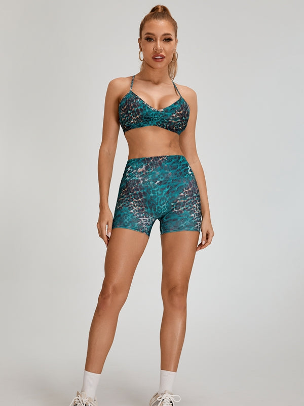 Leopard Print Scrunch Bum Cross Back Short Tracksuit