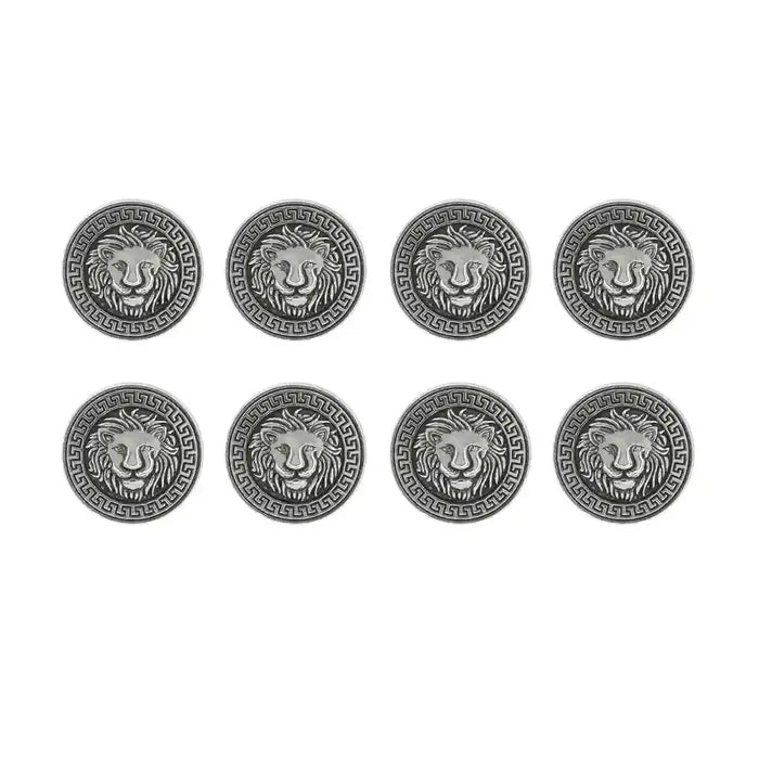 Set of 8 antique silver metal buttons by Ani Accessories comes with a lion face design with Greek-inspired border style.