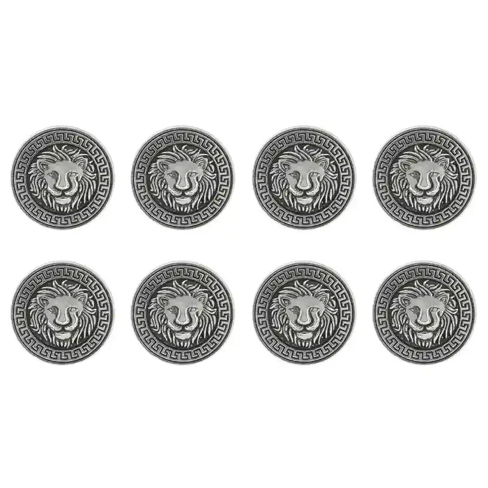 Greek-inspired lion face buttons have an antique silver color, perfect for upgrading coats, suits, trench coats, and dresses.