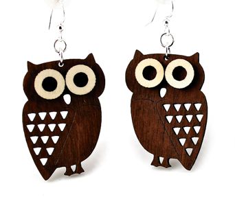 Little hoot owl wood earrings — small round owl in laser-cut wood, made in USA