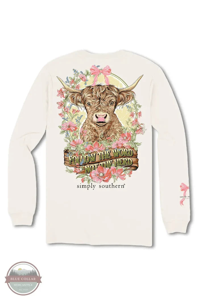 Simply Southern LS-HERD-LINEN Highland Cow Long Sleeve T-Shirt in Cream, rear design