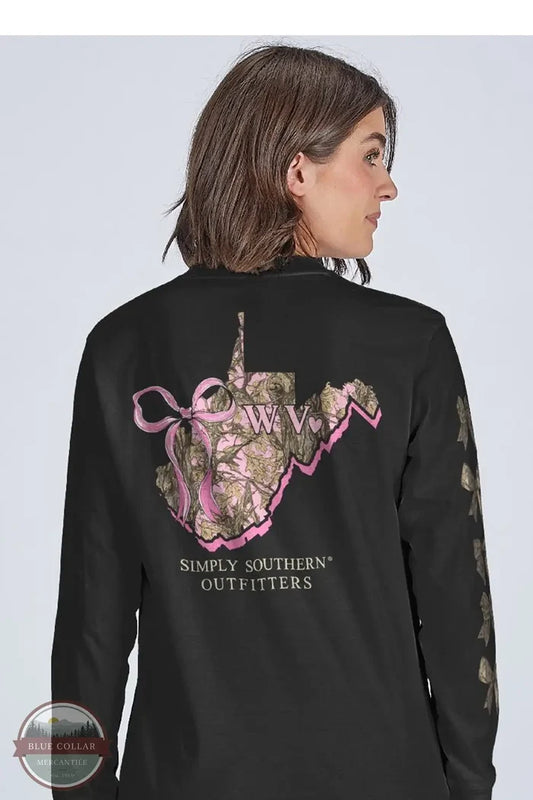 Simply Southern LS-STATE-WV-BLK West Virginia Camo Long Sleeve T-Shirt in Black, lifestyle rear design