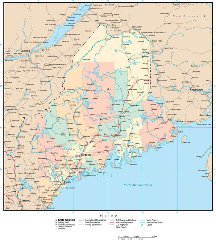 Maine Map with Counties, Cities, County Seats, Major Roads, Rivers and Lakes