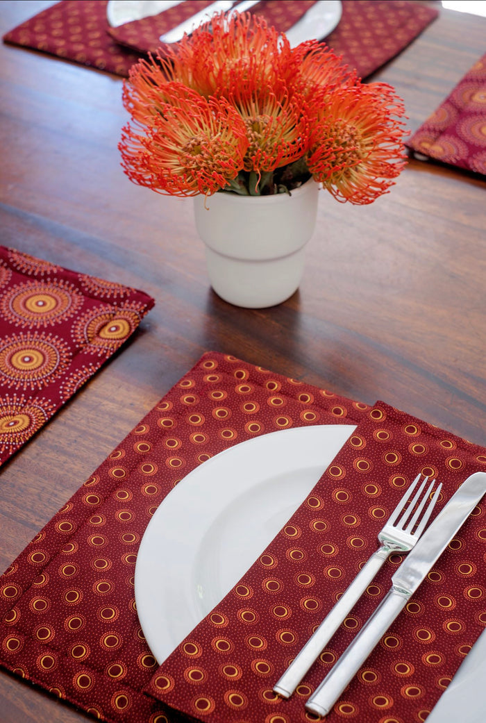 Maroon Reversable Shweshwe Cotton Padded Placemats (Set of 6)