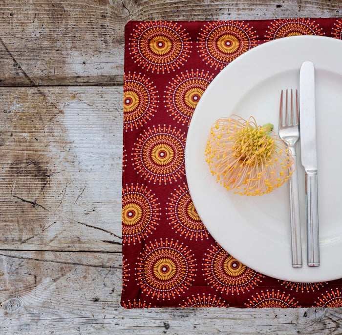 Maroon Reversable Shweshwe Cotton Padded Placemats (Set of 6)