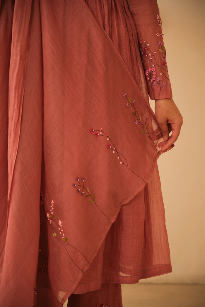 Mauve Hand Embroidered Chanderi Dupatta