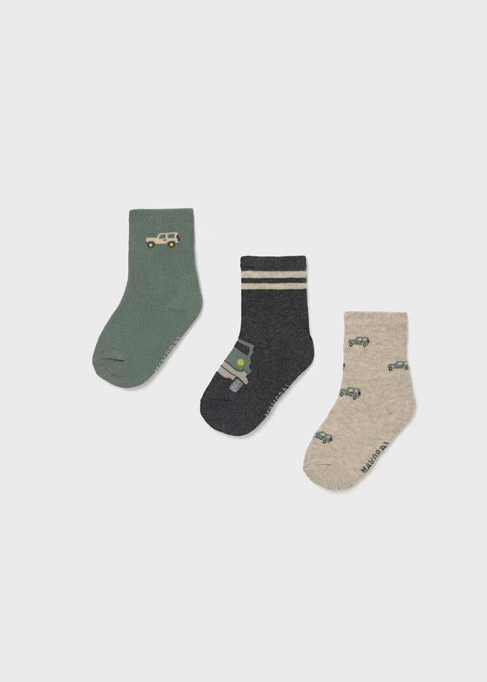 Mayoral 3 Pairs Sock Set - Fir Green Cars