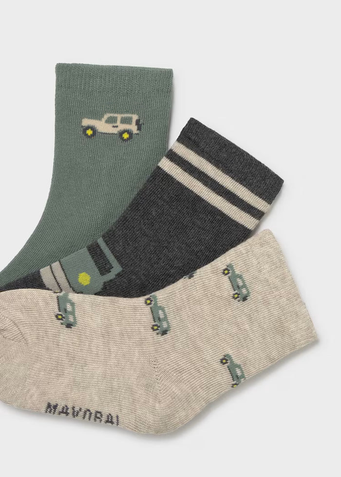 Mayoral 3 Pairs Sock Set - Fir Green Cars