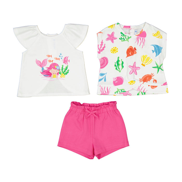 Mayoral 3 pc Shorts Set with 2 T-Shirts - Fuchsia
