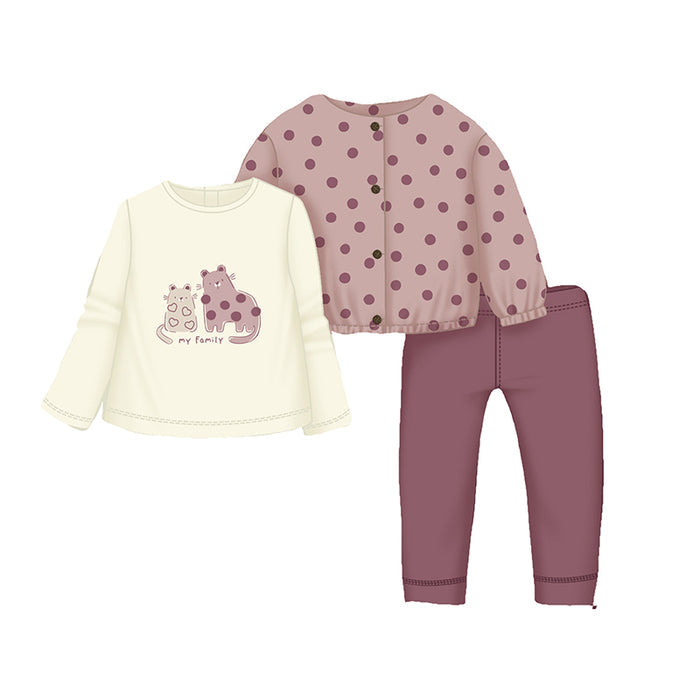 Mayoral 3pc Cardigan, Long Sleeve Tee & Leggings - Polkadot Rose Cats