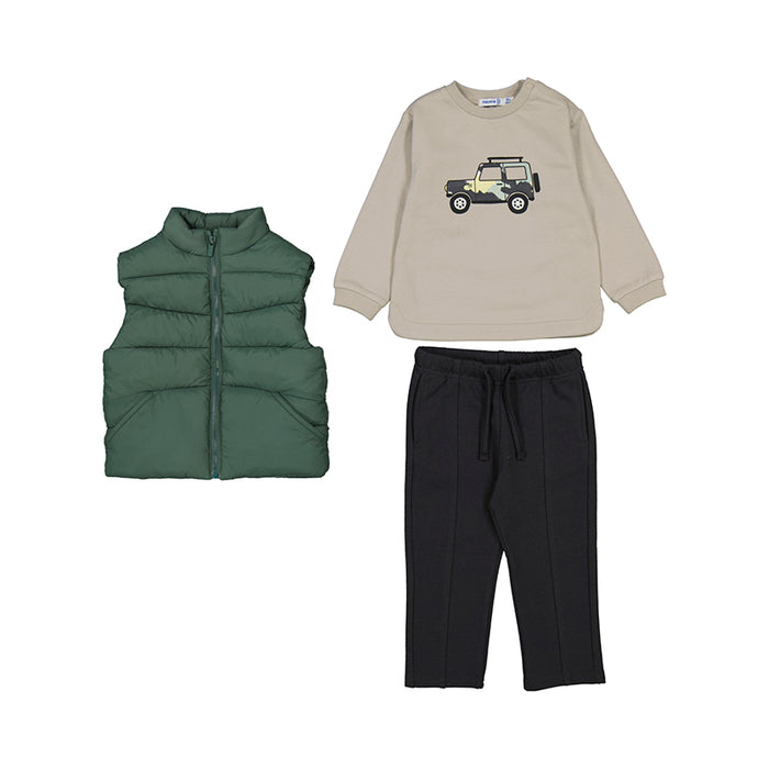 Mayoral 3pc Pullover Long Sleeve T-shirt, Pants & Vest - Fir Green Truck