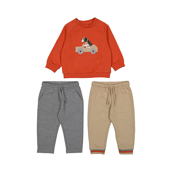 Mayoral 3pc Pullover Tracksuit with 2 pairs of Pants - Orange Puppy