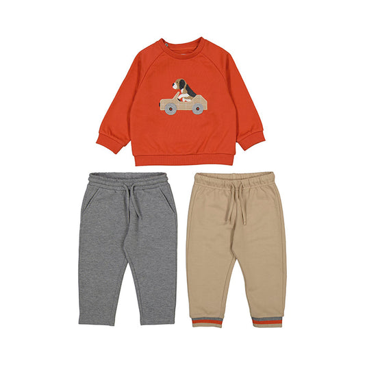 Mayoral 3pc Pullover Tracksuit with 2 pairs of Pants - Orange Puppy