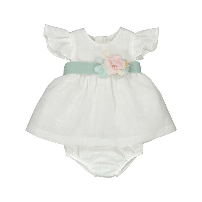 Mayoral Dress with Floral Sash and Bloomers - Cream/Aqua