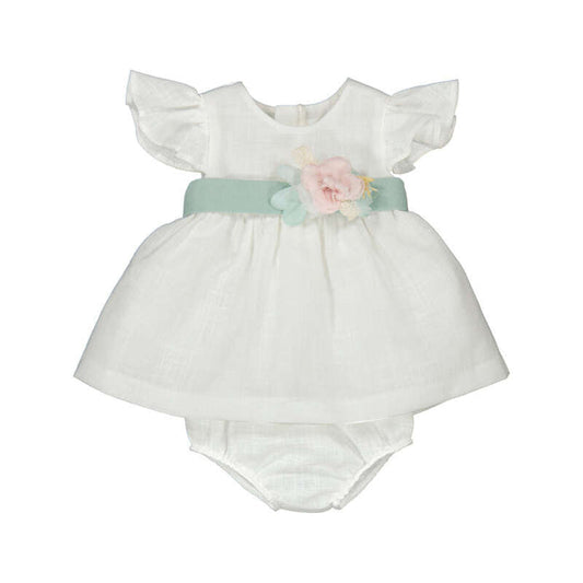 Mayoral Dress with Floral Sash and Bloomers - Cream/Aqua